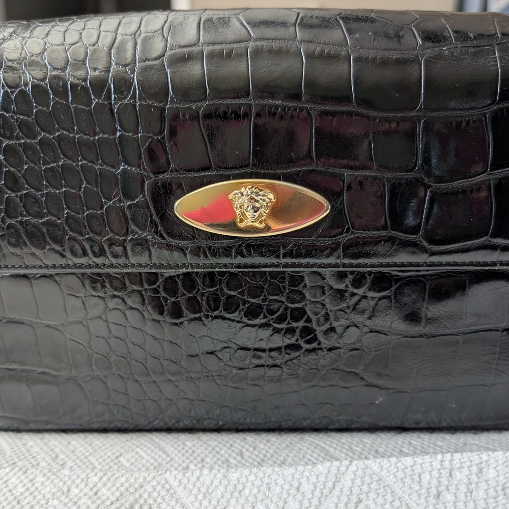 Versace Black Croc-Embossed Leather Crossbody with Gold Medusa Plaque